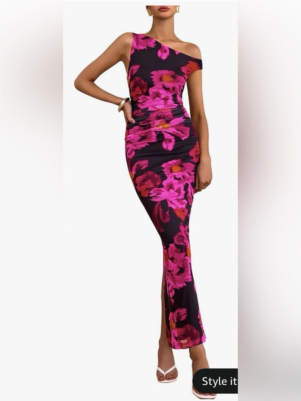 Fitted Floral Midi Dress in Black and Fuchsia
